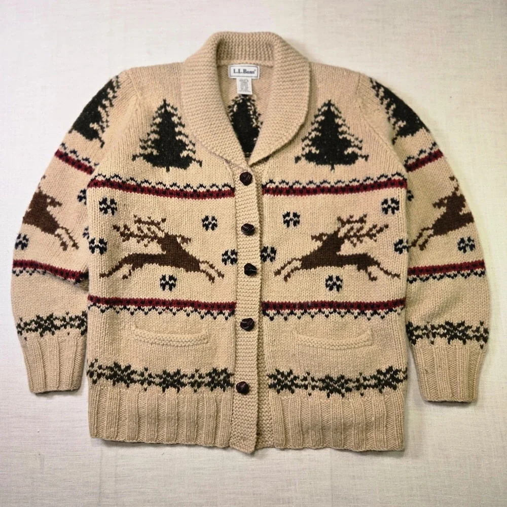 VTG L.L. Bean Reindeer Wool Cardigan Sweater Tan Women Small Shawl Collar Pocket